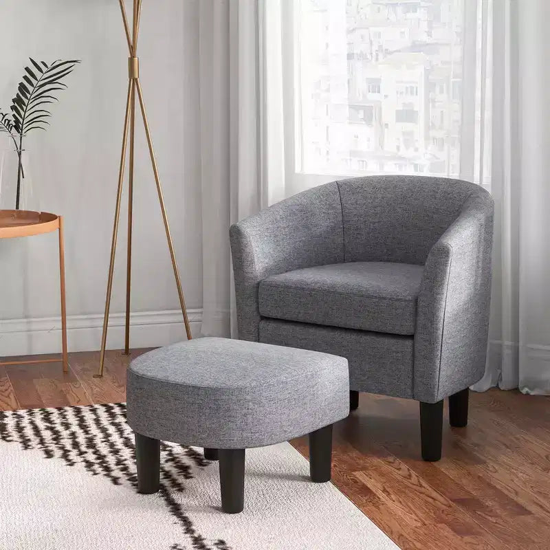 Costway Barrel Club Chair with Ottoman Set Footrest Curved Back & Removable Seat Cushion Grey/Beige