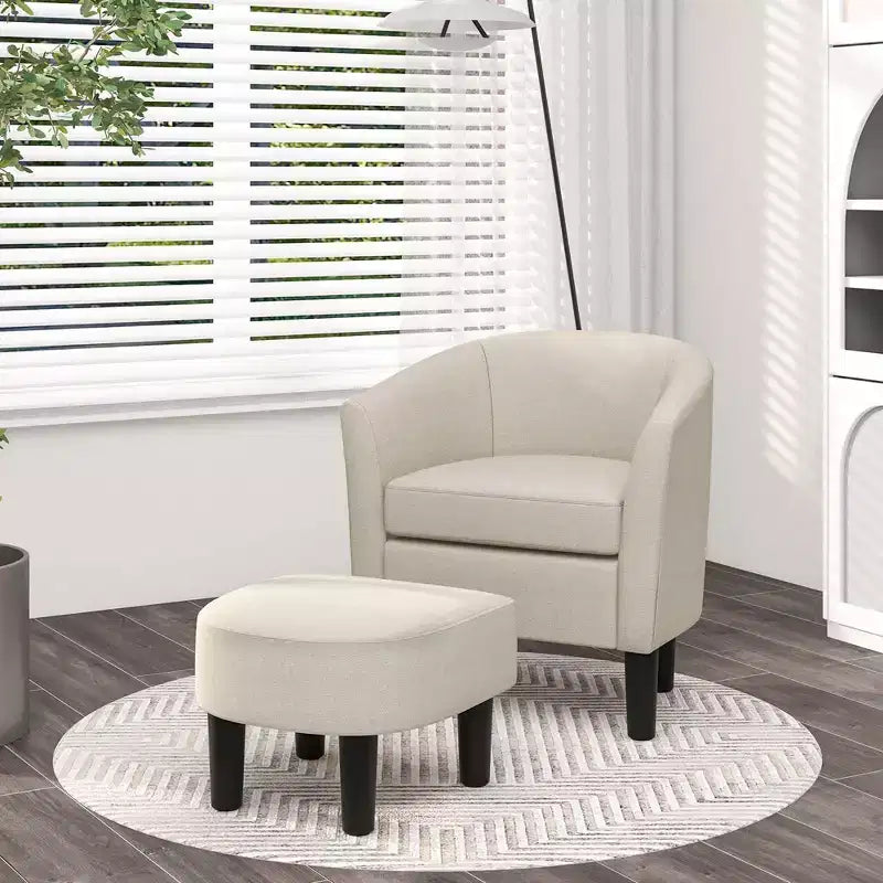 Costway Barrel Club Chair with Ottoman Set Footrest Curved Back & Removable Seat Cushion Grey/Beige