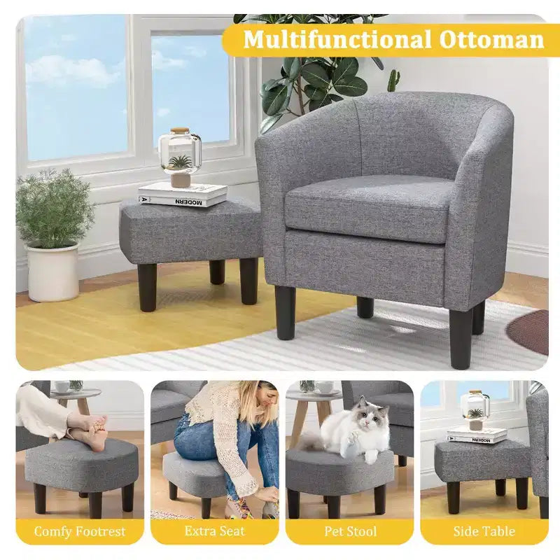 Costway Barrel Club Chair with Ottoman Set Footrest Curved Back & Removable Seat Cushion Grey/Beige