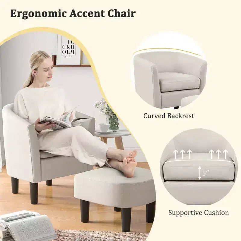 Costway Barrel Club Chair with Ottoman Set Footrest Curved Back & Removable Seat Cushion Grey/Beige