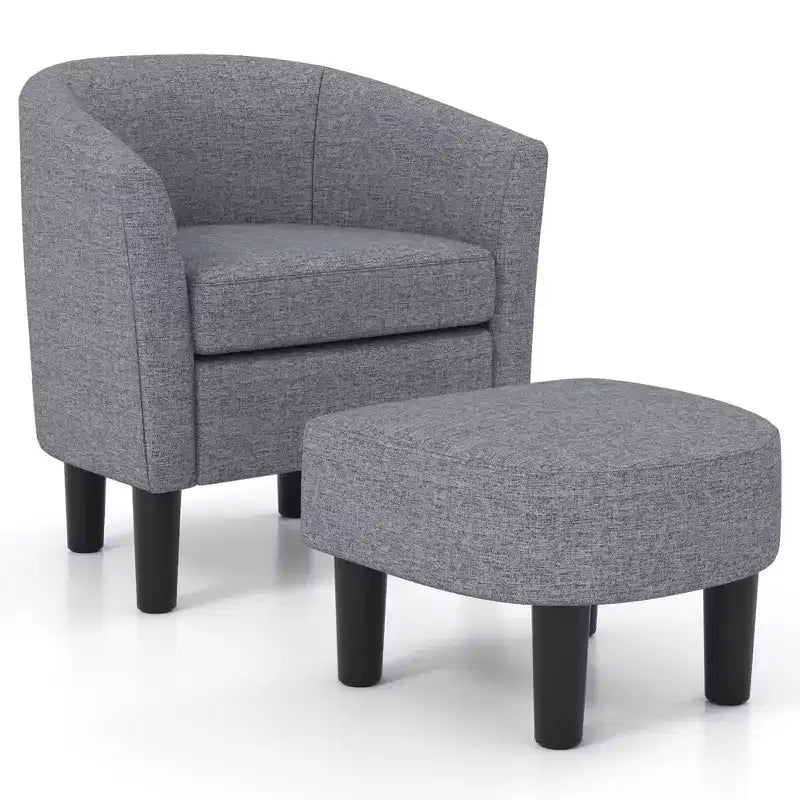 Costway Barrel Club Chair with Ottoman Set Footrest Curved Back & Removable Seat Cushion Grey/Beige