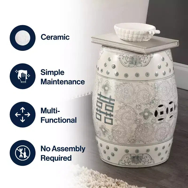 JONATHAN Y Double Happiness 18 Chinoiserie Ceramic Drum Garden Stool/Accent Table