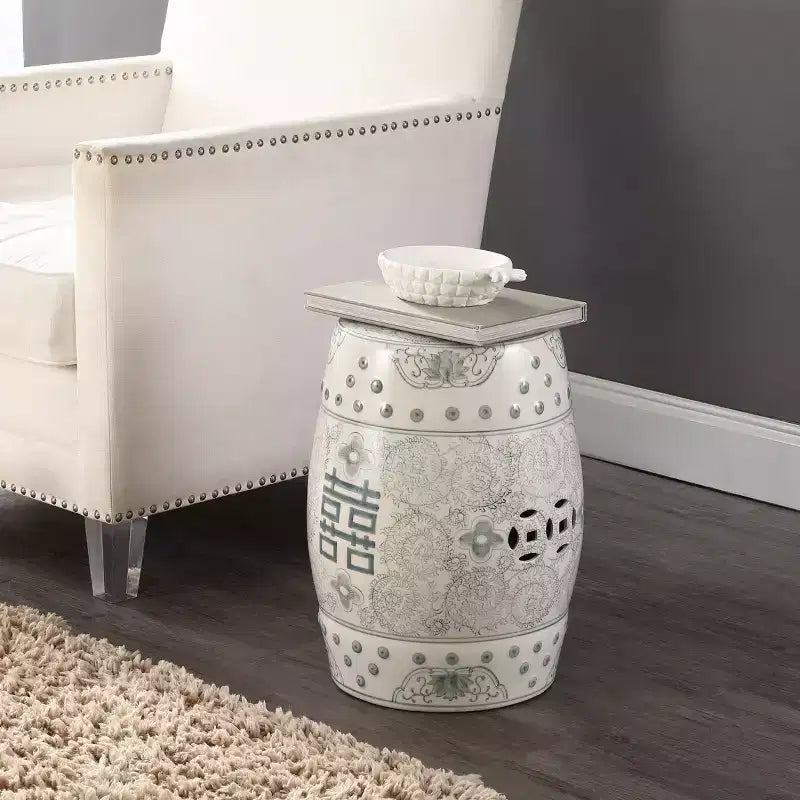 JONATHAN Y Double Happiness 18 Chinoiserie Ceramic Drum Garden Stool/Accent Table