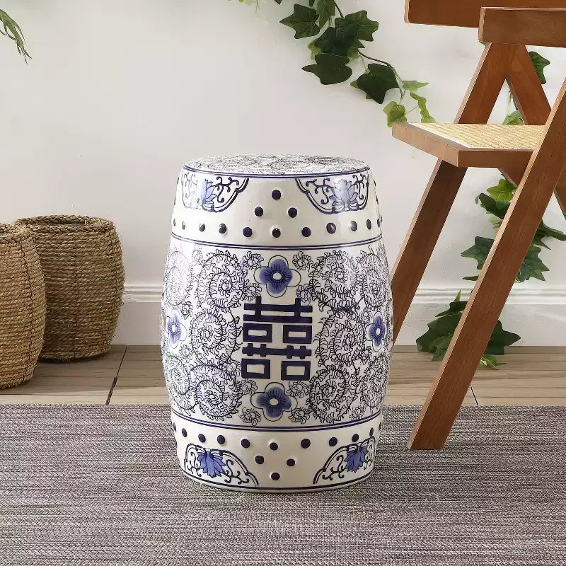 JONATHAN Y Double Happiness 18 Chinoiserie Ceramic Drum Garden Stool/Accent Table