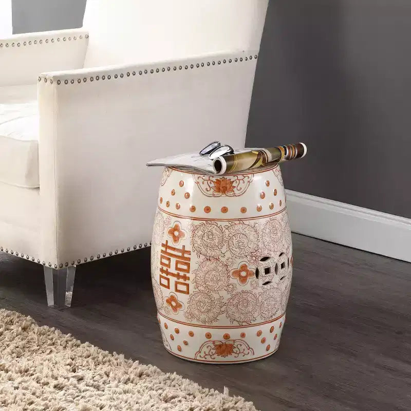 JONATHAN Y Double Happiness 18 Chinoiserie Ceramic Drum Garden Stool/Accent Table