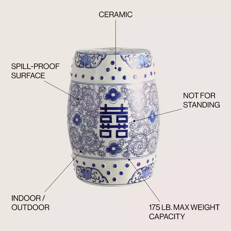 JONATHAN Y Double Happiness 18 Chinoiserie Ceramic Drum Garden Stool/Accent Table