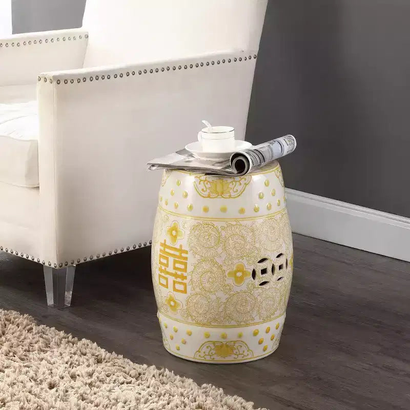 JONATHAN Y Double Happiness 18 Chinoiserie Ceramic Drum Garden Stool/Accent Table
