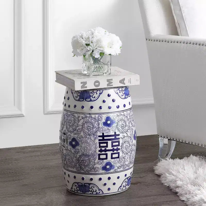 JONATHAN Y Double Happiness 18 Chinoiserie Ceramic Drum Garden Stool/Accent Table