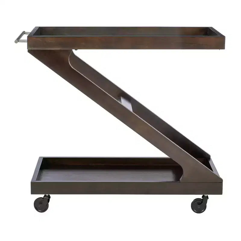 Jepperd Z-Shaped Solid Wood and Tempered Glass Top Rolling Bar Cart - Powell