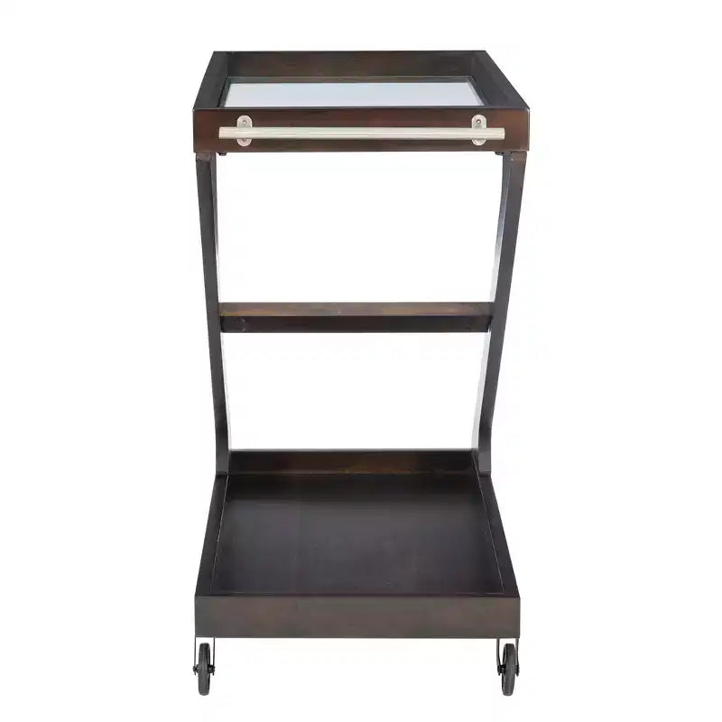 Jepperd Z-Shaped Solid Wood and Tempered Glass Top Rolling Bar Cart - Powell