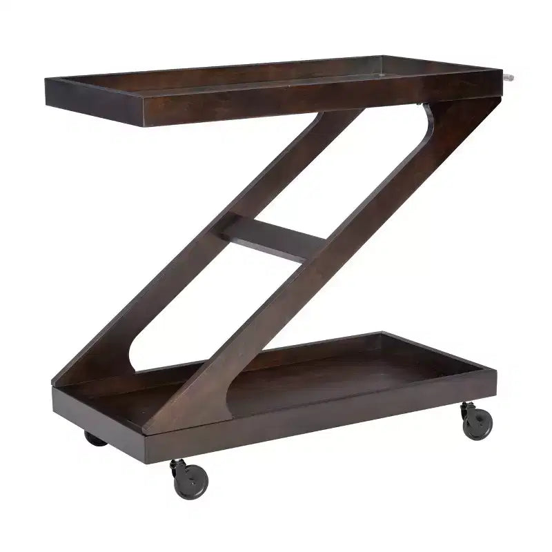 Jepperd Z-Shaped Solid Wood and Tempered Glass Top Rolling Bar Cart - Powell