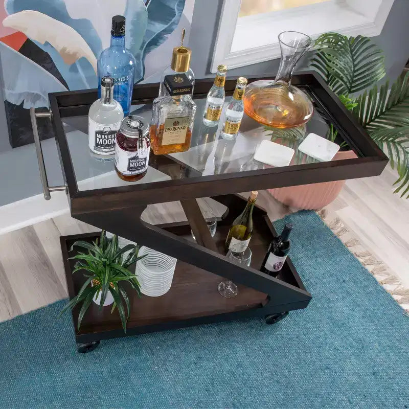 Jepperd Z-Shaped Solid Wood and Tempered Glass Top Rolling Bar Cart - Powell