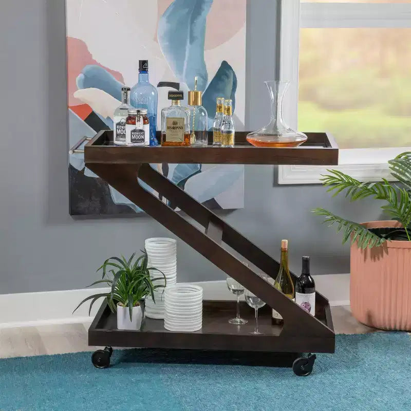 Jepperd Z-Shaped Solid Wood and Tempered Glass Top Rolling Bar Cart - Powell