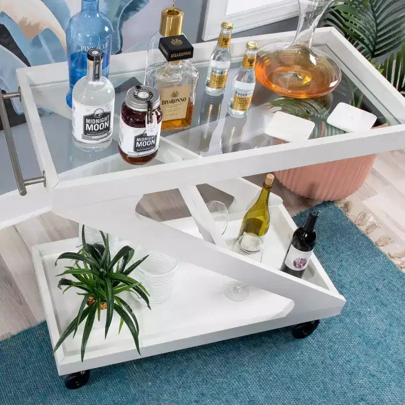 Jepperd Z-Shaped Solid Wood and Tempered Glass Top Rolling Bar Cart - Powell