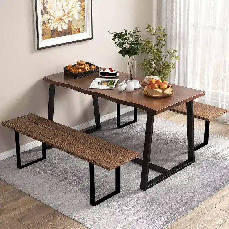 Costway 63 Large Dining Table for 4-6 People with Wavy Edge Heavy-duty Metal Frame Coffee/Black