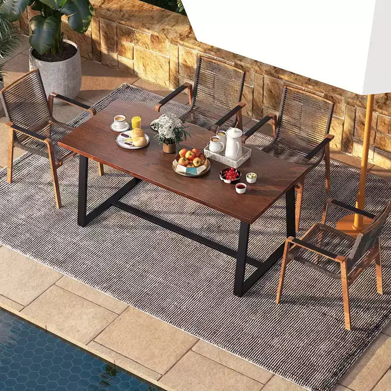 Costway 63 Large Dining Table for 4-6 People with Wavy Edge Heavy-duty Metal Frame Coffee/Black