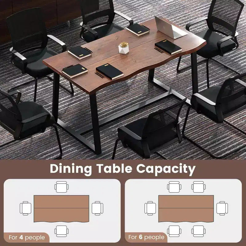 Costway 63 Large Dining Table for 4-6 People with Wavy Edge Heavy-duty Metal Frame Coffee/Black