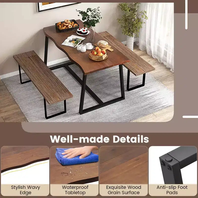 Costway 63 Large Dining Table for 4-6 People with Wavy Edge Heavy-duty Metal Frame Coffee/Black