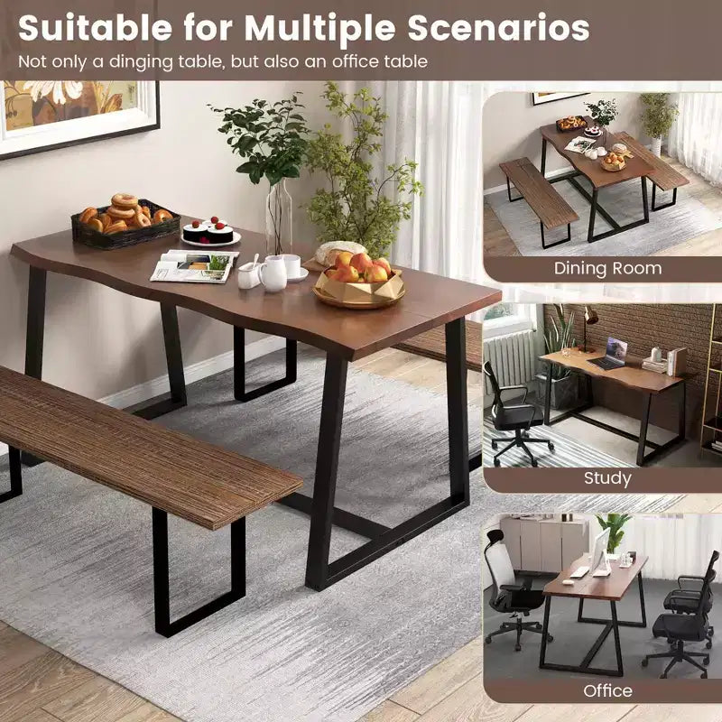 Costway 63 Large Dining Table for 4-6 People with Wavy Edge Heavy-duty Metal Frame Coffee/Black
