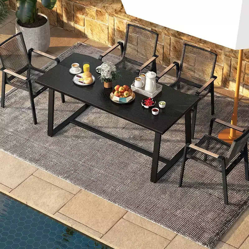 Costway 63 Large Dining Table for 4-6 People with Wavy Edge Heavy-duty Metal Frame Coffee/Black