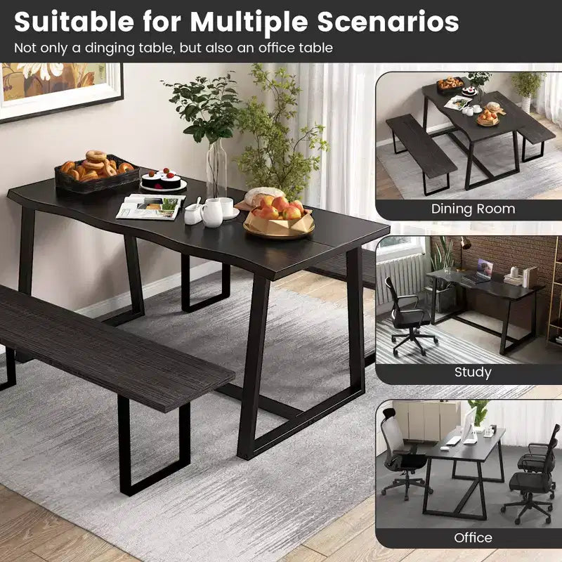 Costway 63 Large Dining Table for 4-6 People with Wavy Edge Heavy-duty Metal Frame Coffee/Black