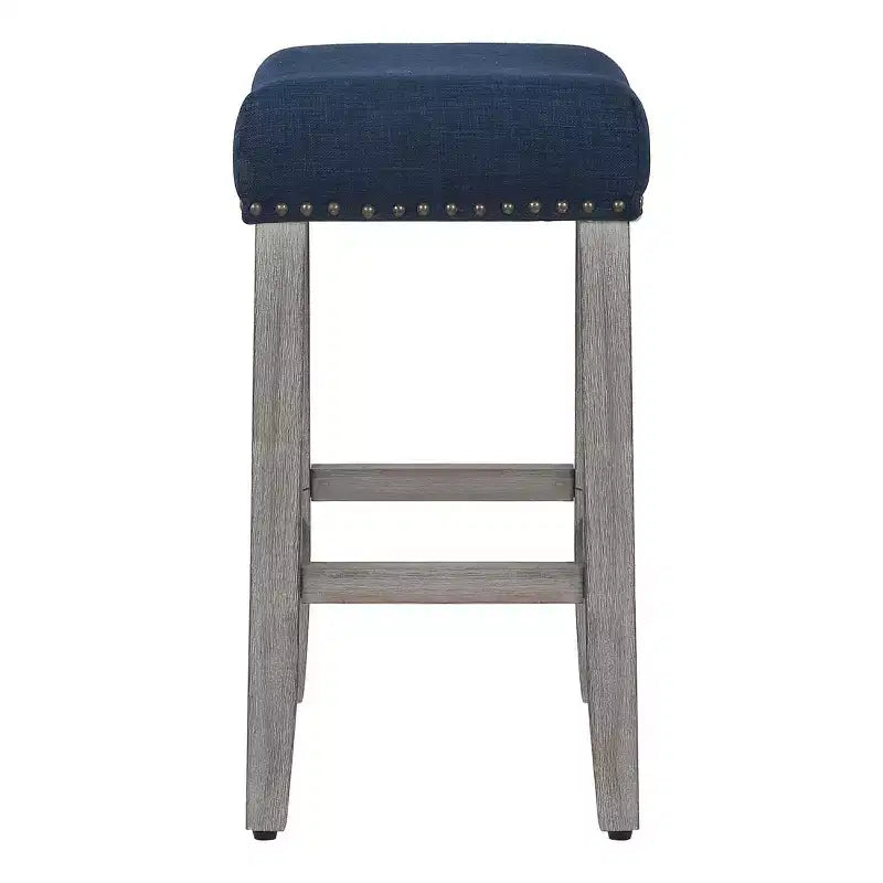 WestinTrends 24 Upholstered Saddle Seat Counter Stool (Set of 2), Antique Gray/Navy Blue