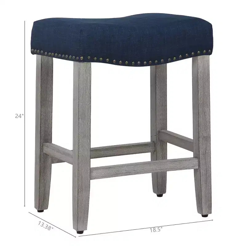 WestinTrends 24 Upholstered Saddle Seat Counter Stool (Set of 2), Antique Gray/Navy Blue