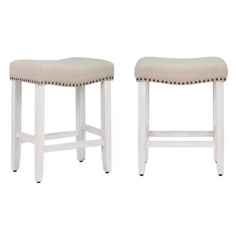WestinTrends 24 Upholstered Saddle Seat Counter Stool (Set of 2), Antique White/Beige