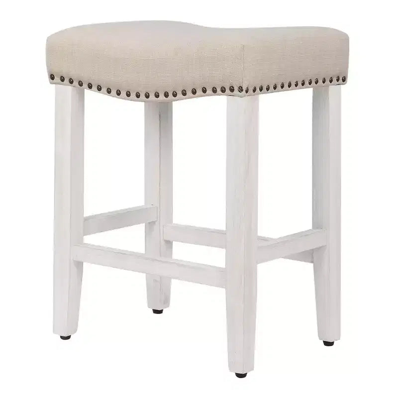 WestinTrends 24 Upholstered Saddle Seat Counter Stool (Set of 2), Antique White/Beige