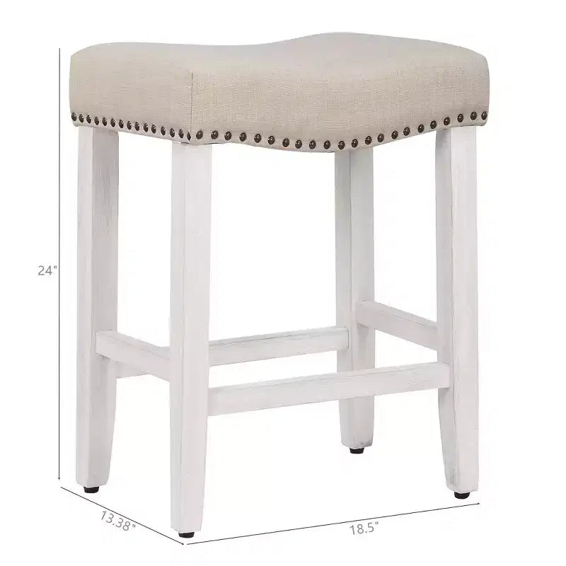 WestinTrends 24 Upholstered Saddle Seat Counter Stool (Set of 2), Antique White/Beige