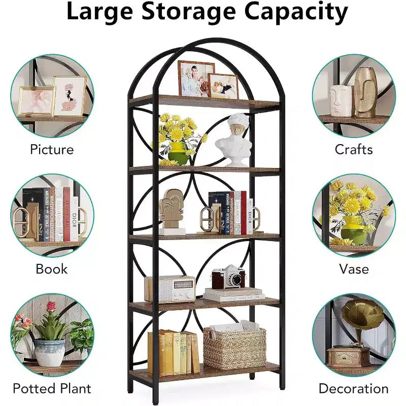 Tribesigns 5-Tier Open Bookshelf, 74.8 Arched Bookcase Display Rack with Metal Frame