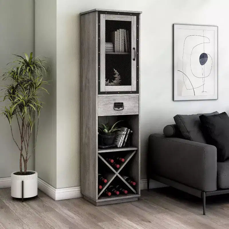 miBasics Stormquiet Farmhouse 1 Drawer Tower Cabinet with Wine Rack and Shelves