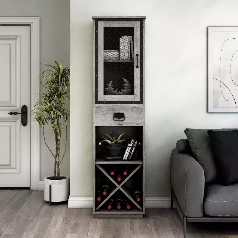 miBasics Stormquiet Farmhouse 1 Drawer Tower Cabinet with Wine Rack and Shelves