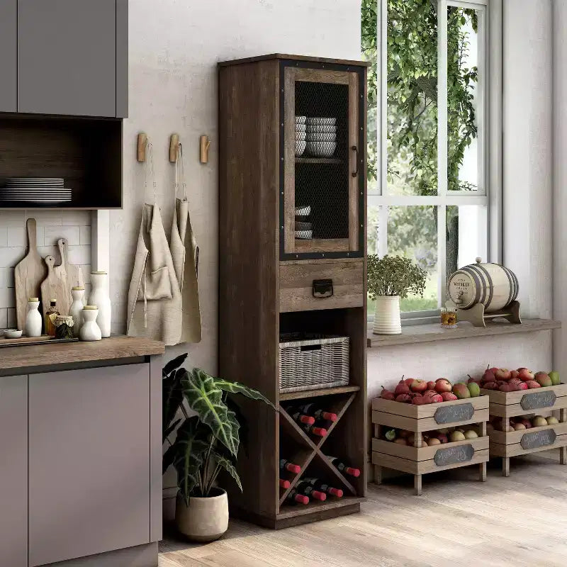miBasics Stormquiet Farmhouse 1 Drawer Tower Cabinet with Wine Rack and Shelves