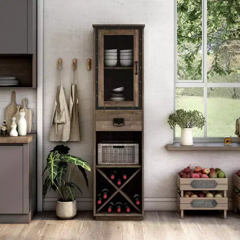 miBasics Stormquiet Farmhouse 1 Drawer Tower Cabinet with Wine Rack and Shelves