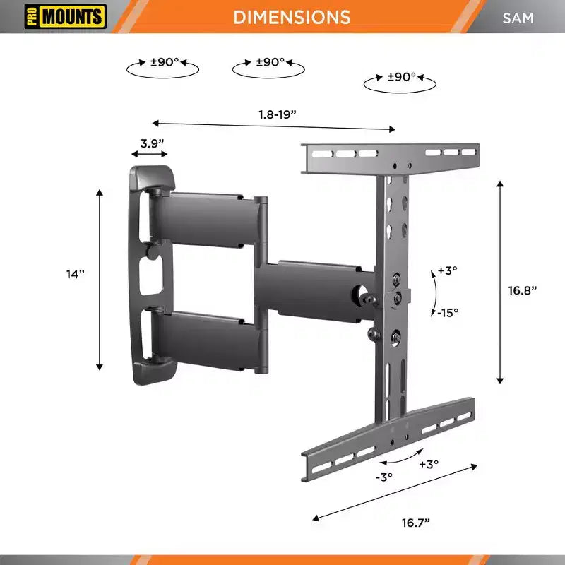 Promounts Full Motion TV Wall Mount for TVs 30 - 65 Up to 80 lbs