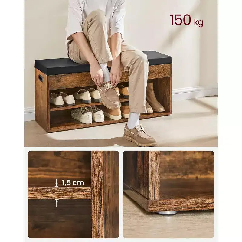 VASAGLE Shoe Bench, Storage Bench with Cushion, Shoe Rack Bench with Padded Seat, 3 Compartments, Hidden Storage, Shelves,Rustic Brown and Black