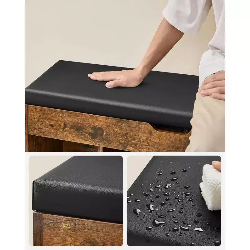 VASAGLE Shoe Bench, Storage Bench with Cushion, Shoe Rack Bench with Padded Seat, 3 Compartments, Hidden Storage, Shelves,Rustic Brown and Black