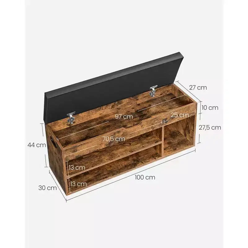 VASAGLE Shoe Bench, Storage Bench with Cushion, Shoe Rack Bench with Padded Seat, 3 Compartments, Hidden Storage, Shelves,Rustic Brown and Black