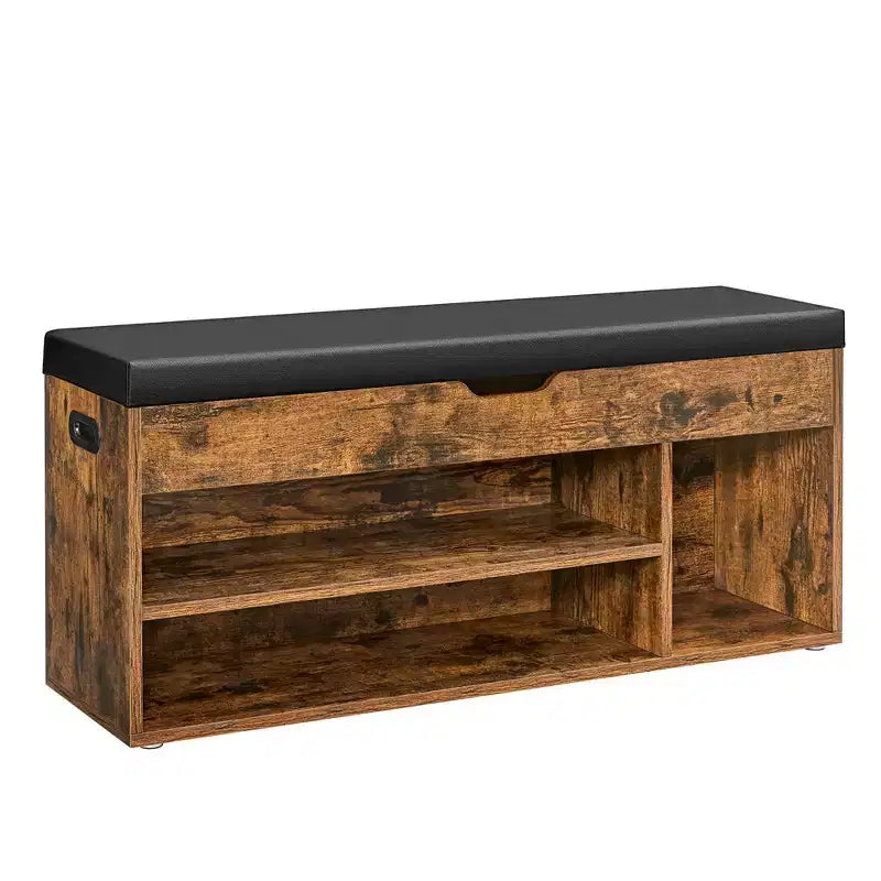 VASAGLE Shoe Bench, Storage Bench with Cushion, Shoe Rack Bench with Padded Seat, 3 Compartments, Hidden Storage, Shelves,Rustic Brown and Black