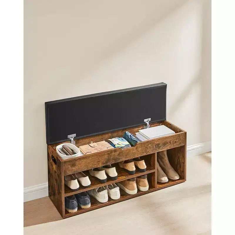 VASAGLE Shoe Bench, Storage Bench with Cushion, Shoe Rack Bench with Padded Seat, 3 Compartments, Hidden Storage, Shelves,Rustic Brown and Black