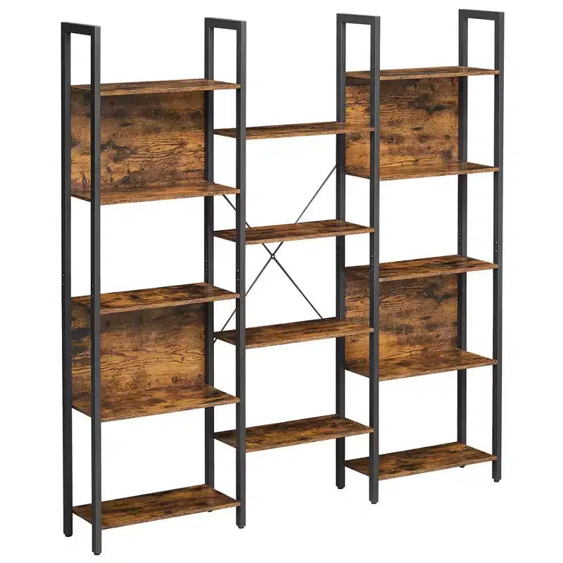 VASAGLE 5-Tier Bookcase with 14 Shelves, Book Shelf with Metal Frame, Bookshelf for Living Room, Home Office, Industrial Style, Rustic Brown and Black