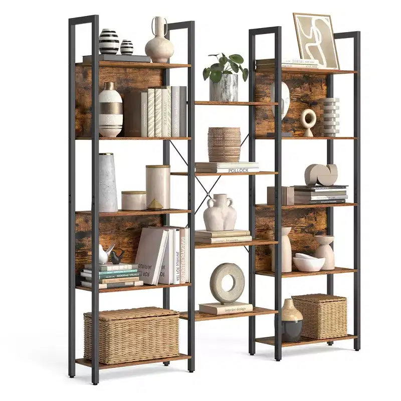 VASAGLE 5-Tier Bookcase with 14 Shelves, Book Shelf with Metal Frame, Bookshelf for Living Room, Home Office, Industrial Style, Rustic Brown and Black