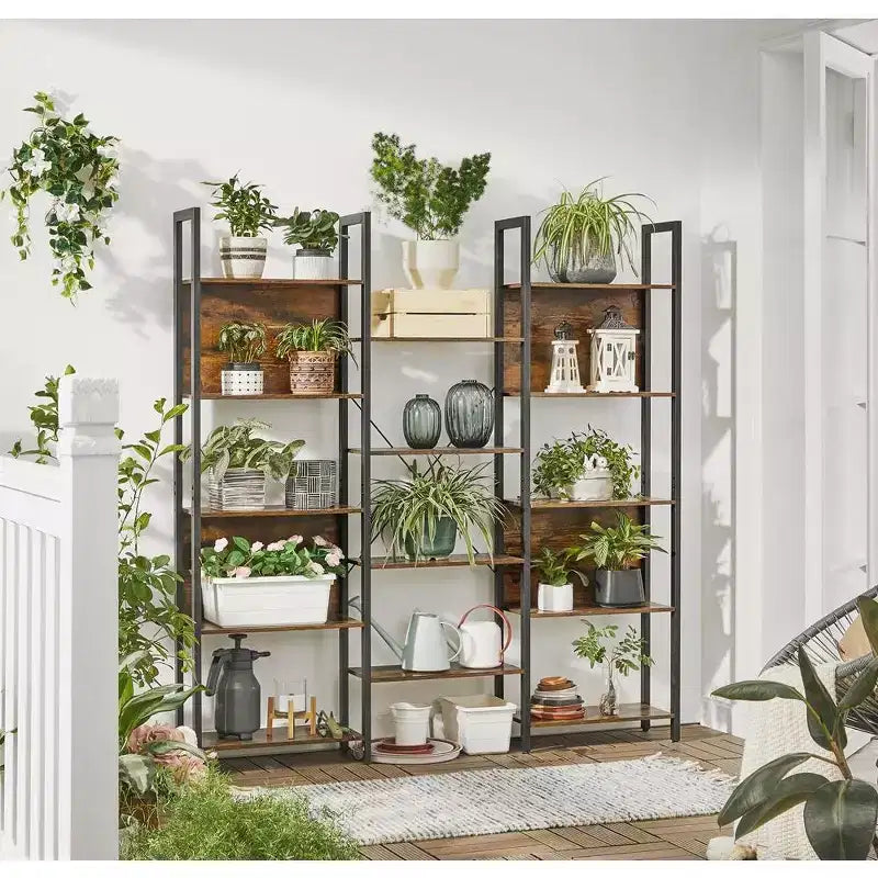 VASAGLE 5-Tier Bookcase with 14 Shelves, Book Shelf with Metal Frame, Bookshelf for Living Room, Home Office, Industrial Style, Rustic Brown and Black