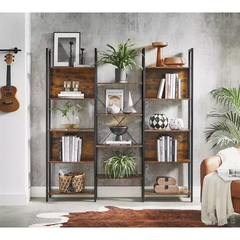 VASAGLE 5-Tier Bookcase with 14 Shelves, Book Shelf with Metal Frame, Bookshelf for Living Room, Home Office, Industrial Style, Rustic Brown and Black
