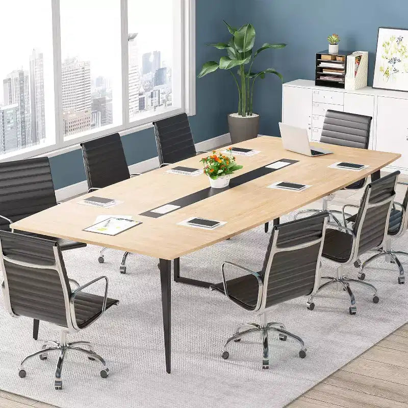 Lantine 8FT Conference Table, Boat Shaped Meeting Table with Rectangle Grommet, Modern Seminar Boardroom Table for Office