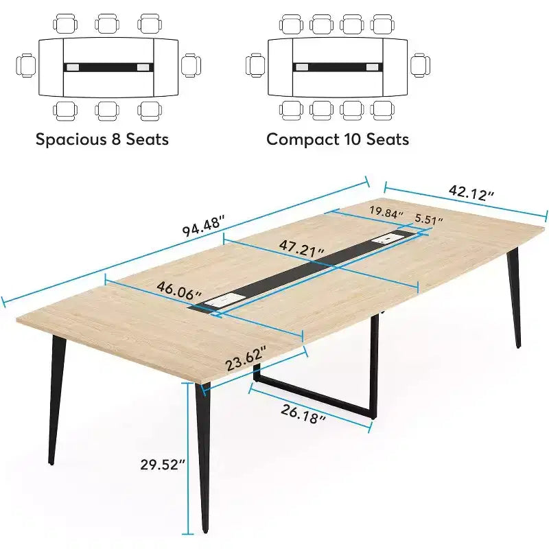 Lantine 8FT Conference Table, Boat Shaped Meeting Table with Rectangle Grommet, Modern Seminar Boardroom Table for Office