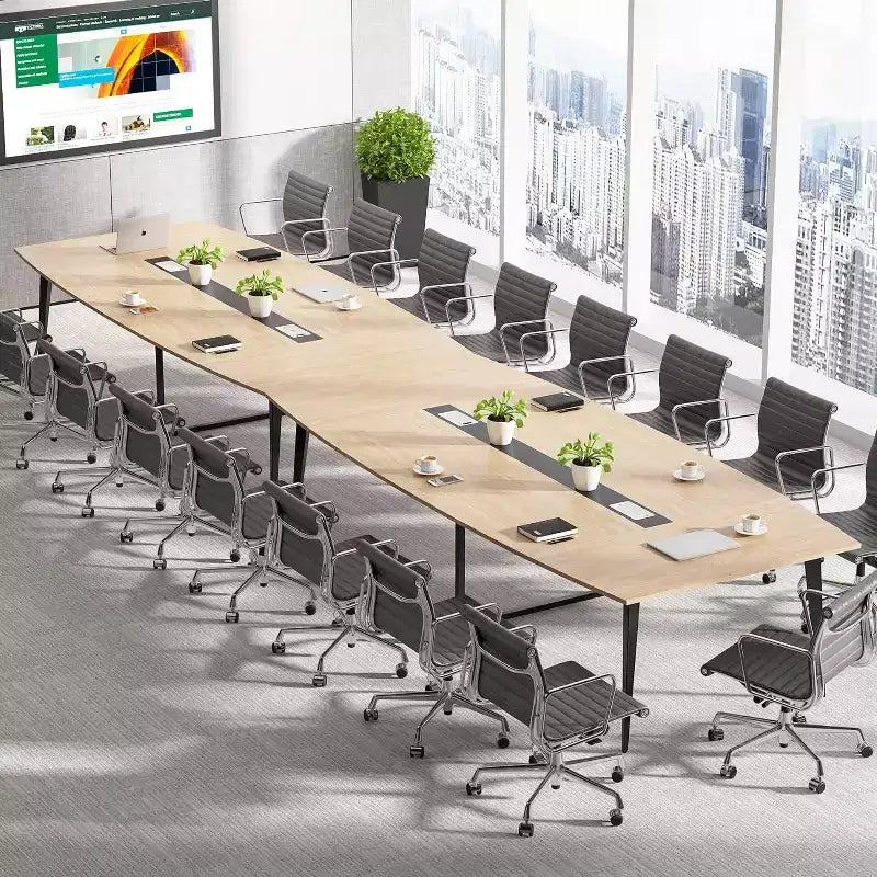 Lantine 8FT Conference Table, Boat Shaped Meeting Table with Rectangle Grommet, Modern Seminar Boardroom Table for Office
