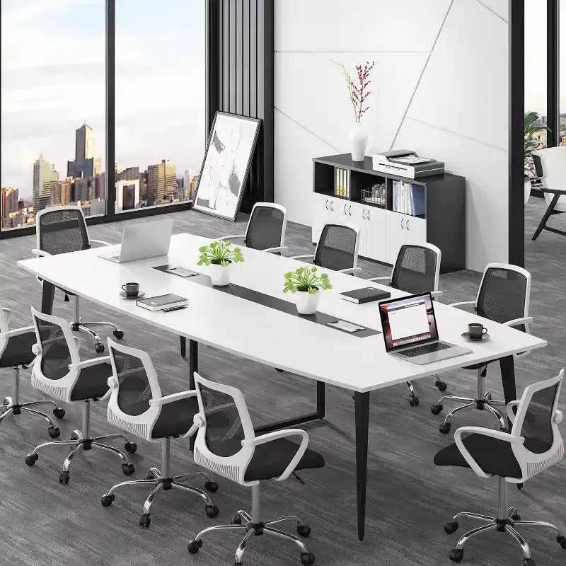 Lantine 8FT Conference Table, Boat Shaped Meeting Table with Rectangle Grommet, Modern Seminar Boardroom Table for Office