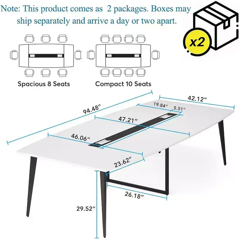 Lantine 8FT Conference Table, Boat Shaped Meeting Table with Rectangle Grommet, Modern Seminar Boardroom Table for Office